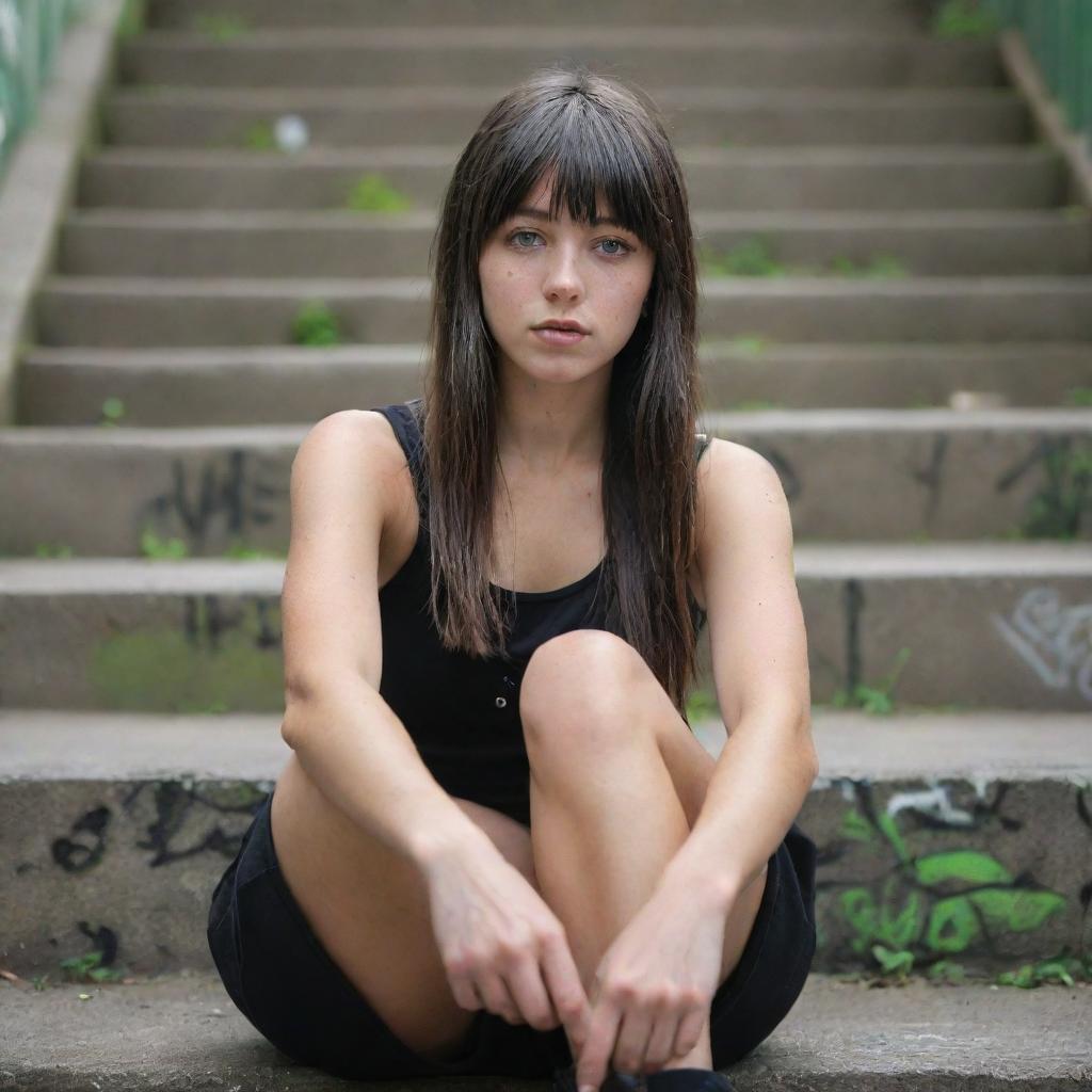 casual photograpy medium body, hip hop style, female , 23 year old with green eyes and black long hai with withe streaks in the bangs .,freckles, selfo, graffiti background stairs, medium distance shot, 4k hd,  --styerw--v 5.2 ar 2-3