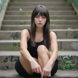 casual photograpy medium body, hip hop style, female , 23 year old with green eyes and black long hai with withe streaks in the bangs .,freckles, selfo, graffiti background stairs, medium distance shot, 4k hd,  --styerw--v 5.2 ar 2-3