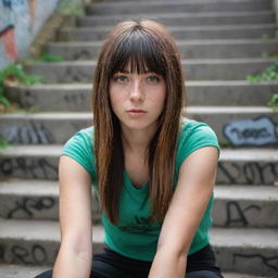 casual photograpy medium body, hip hop style, female , 23 year old with green eyes and black long hai with withe streaks in the bangs .,freckles, selfo, graffiti background stairs, medium distance shot, 4k hd,  --styerw--v 5.2 ar 2-3