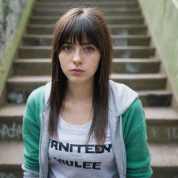 casual photograpy medium body, hip hop style, female , 23 year old with green eyes and black long hai with withe streaks in the bangs .,freckles, selfo, graffiti background stairs, medium distance shot, 4k hd,  --styerw--v 5.2 ar 2-3