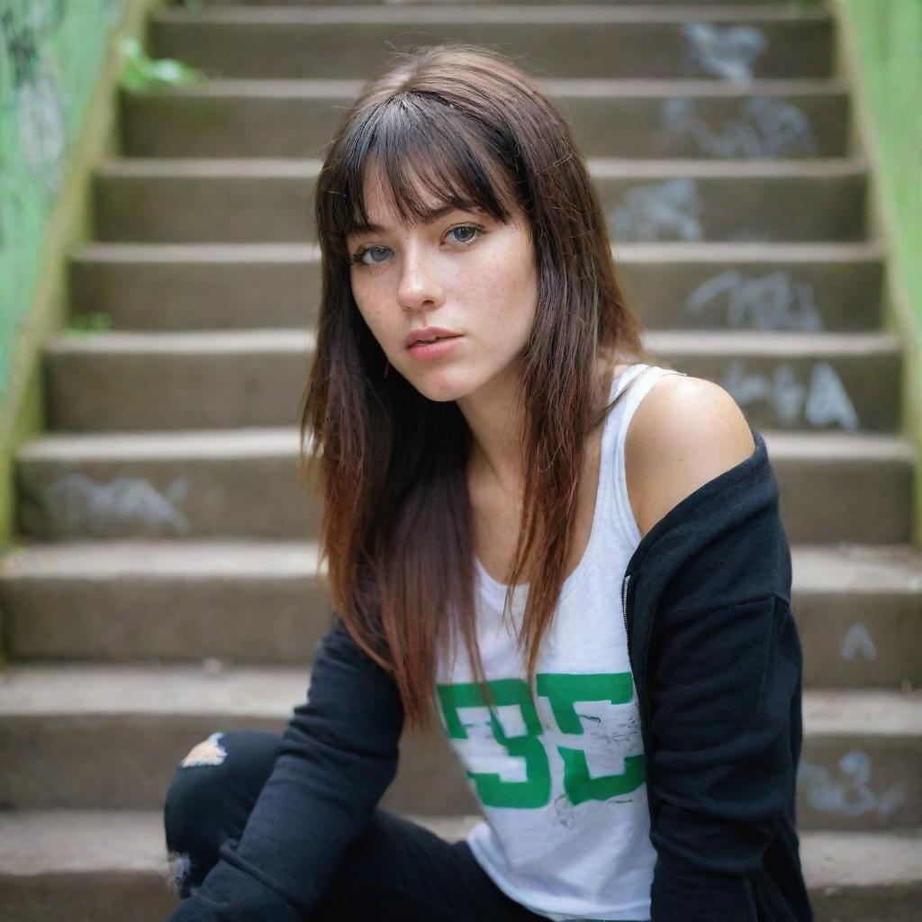 casual photograpy medium body, hip hop style, female , 23 year old with green eyes and black long hai with withe streaks in the bangs .,freckles, selfo, graffiti background stairs, medium distance shot, 4k hd,  --styerw--v 5.2 ar 2-3