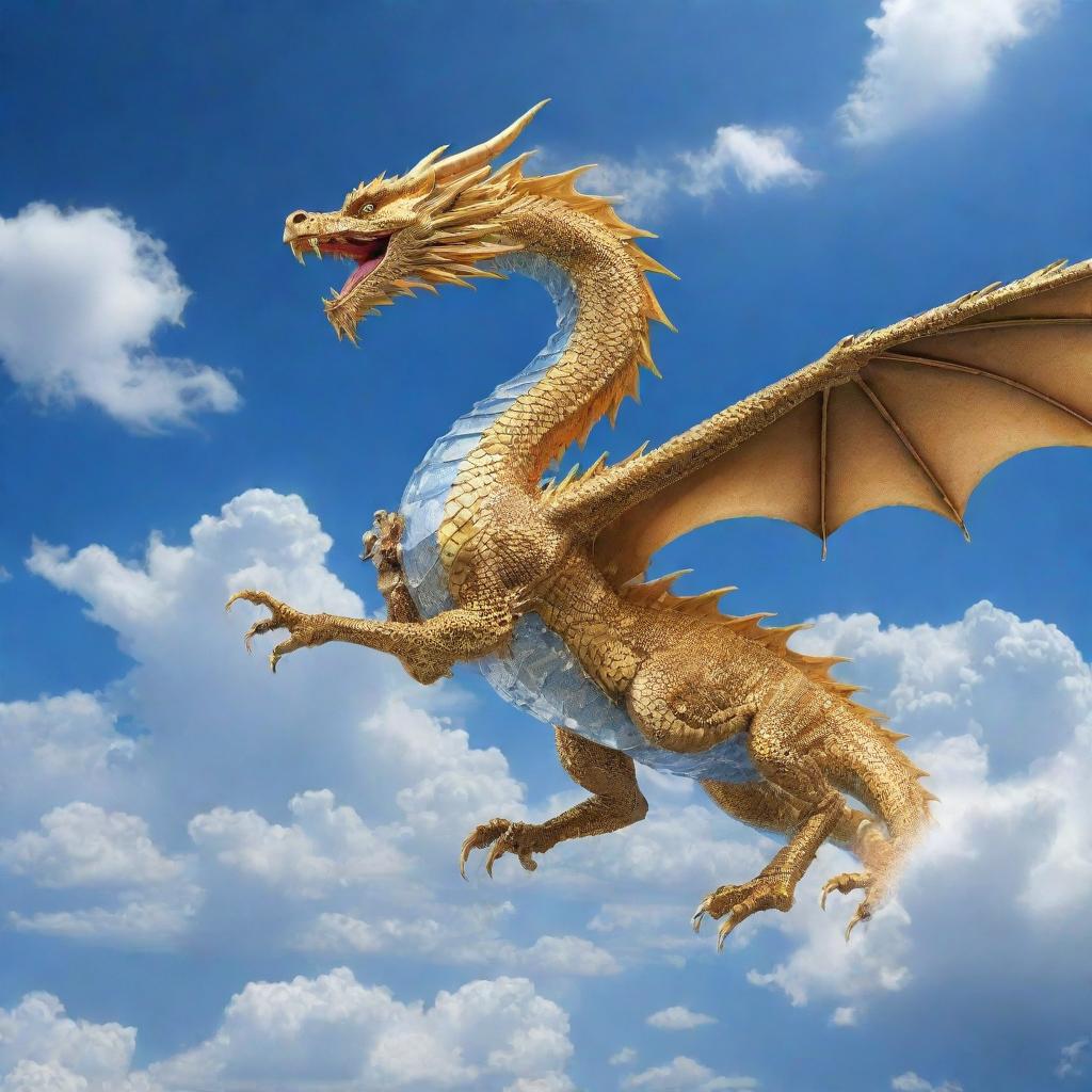 A magnificent golden dragon soaring through a crystal blue sky with clouds scattered below.