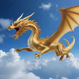 A magnificent golden dragon soaring through a crystal blue sky with clouds scattered below.