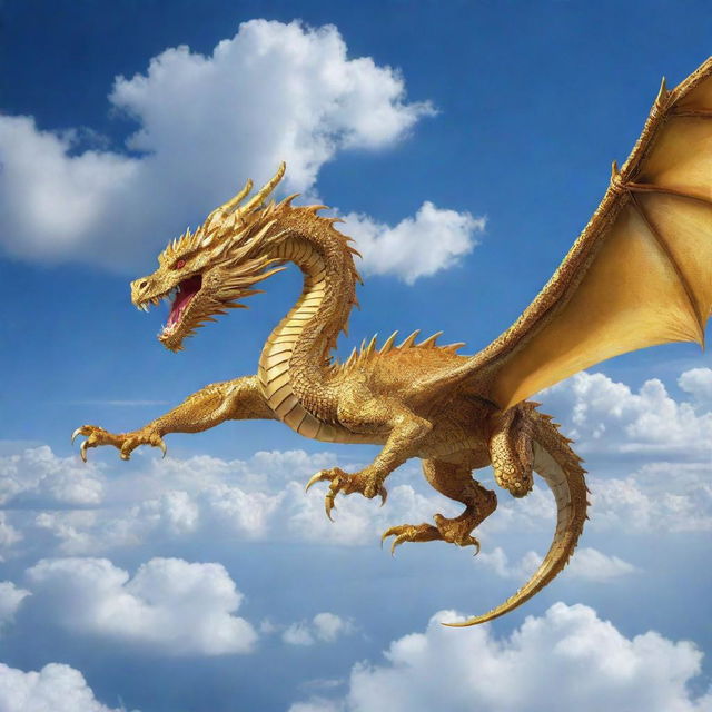 A magnificent golden dragon soaring through a crystal blue sky with clouds scattered below.