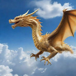 A magnificent golden dragon soaring through a crystal blue sky with clouds scattered below.