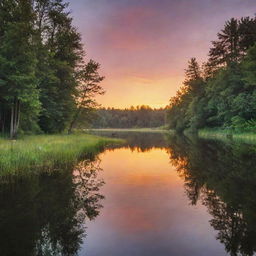 An idyllic scenic view of a sunset over a tranquil lake surrounded by lush trees and forest wildlife.