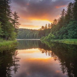 An idyllic scenic view of a sunset over a tranquil lake surrounded by lush trees and forest wildlife.