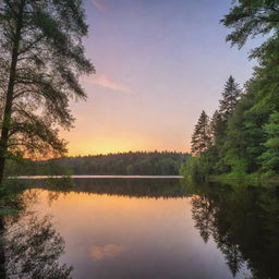 An idyllic scenic view of a sunset over a tranquil lake surrounded by lush trees and forest wildlife.