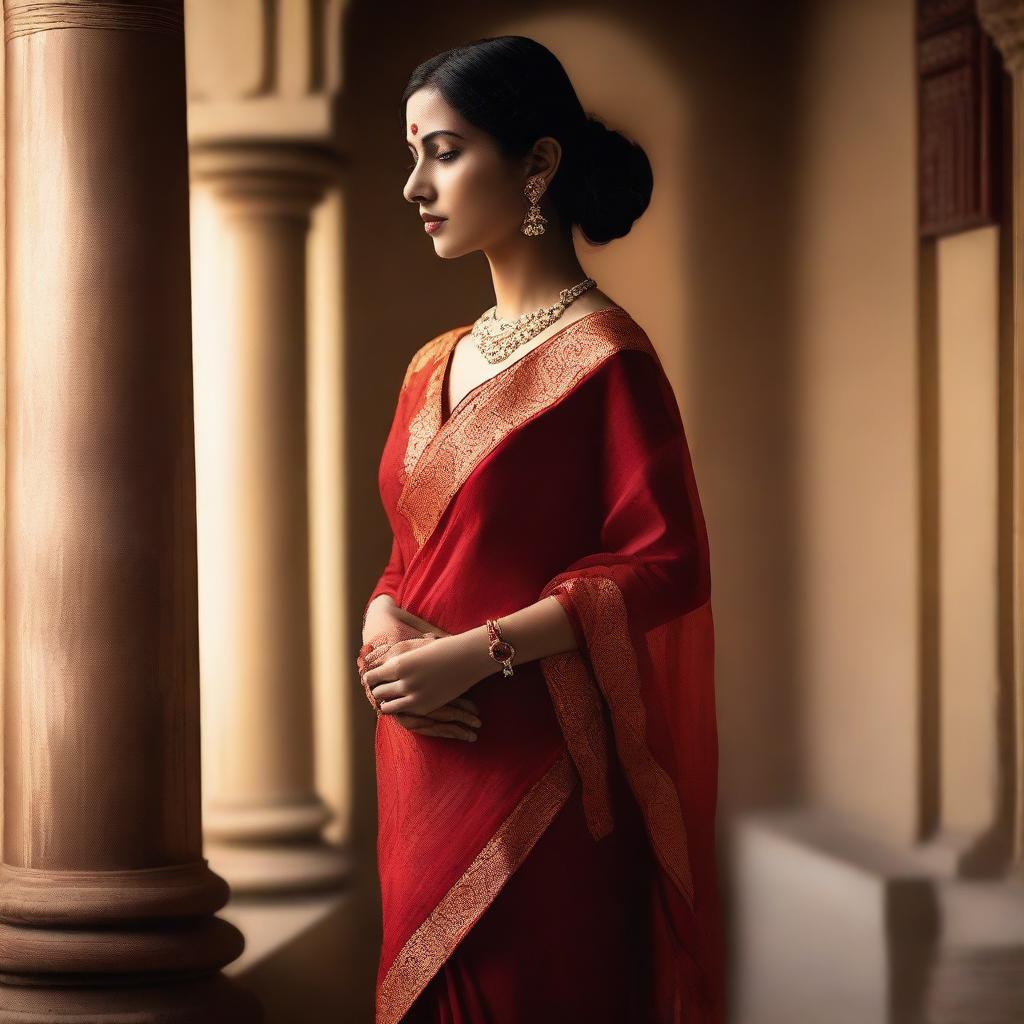 A captivating scene of a woman in a red sari, designed to evoke a sense of allure and elegance