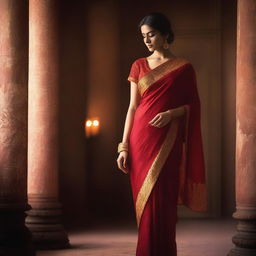 A captivating scene of a woman in a red sari, designed to evoke a sense of allure and elegance