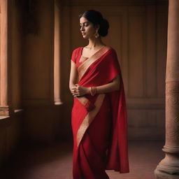 A captivating scene of a woman in a red sari, designed to evoke a sense of allure and elegance