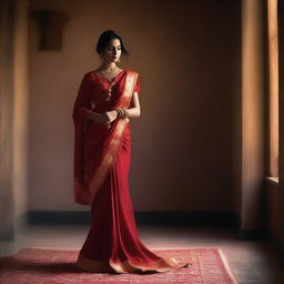 A captivating scene of a woman in a red sari, designed to evoke a sense of allure and elegance