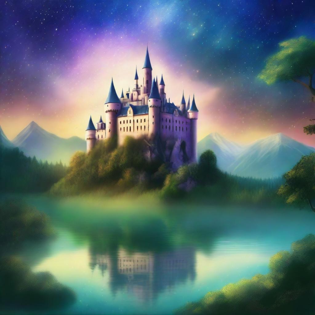 A captivating book cover featuring an enchanting fantasy landscape with a majestic castle on a hill, surrounded by lush forests and a sparkling river