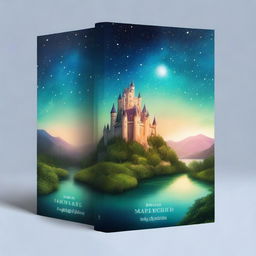 A captivating book cover featuring an enchanting fantasy landscape with a majestic castle on a hill, surrounded by lush forests and a sparkling river