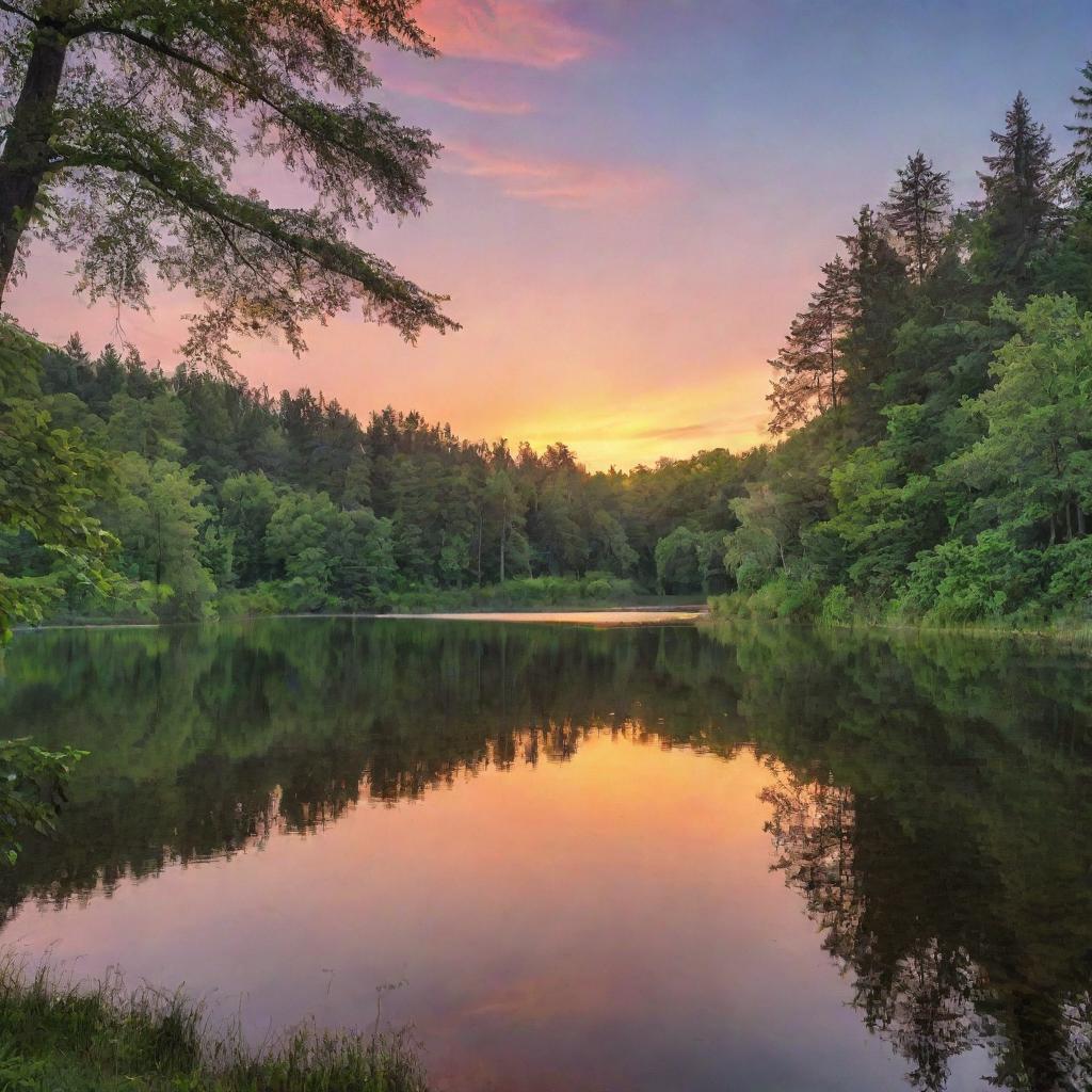 An idyllic scenic view of a sunset over a tranquil lake surrounded by lush trees and forest wildlife.