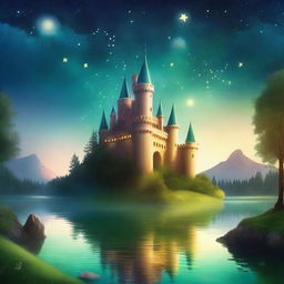 A captivating book cover featuring an enchanting fantasy landscape with a majestic castle on a hill, surrounded by lush forests and a sparkling river