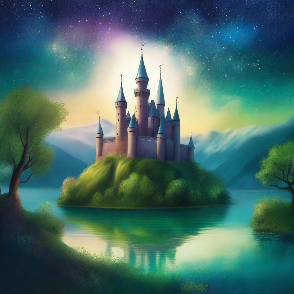 A captivating book cover featuring an enchanting fantasy landscape with a majestic castle on a hill, surrounded by lush forests and a sparkling river