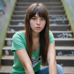 casual photograpy medium body, hip hop style, female , 23 year old with green eyes and black long hai with withe streaks in the bangs .,freckles, selfo, graffiti background stairs, medium distance shot, 4k hd,  --styerw--v 5.2 ar 2-3