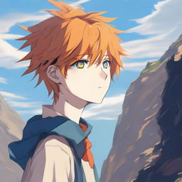 Create an image of a 17-year-old anime boy standing on a cliff, facing away from the viewer