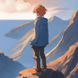 Create an image of a 17-year-old anime boy standing on a cliff, facing away from the viewer