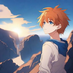 Create an image of a 17-year-old anime boy standing on a cliff, facing away from the viewer