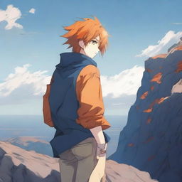 Create an image of a 17-year-old anime boy standing on a cliff, facing away from the viewer