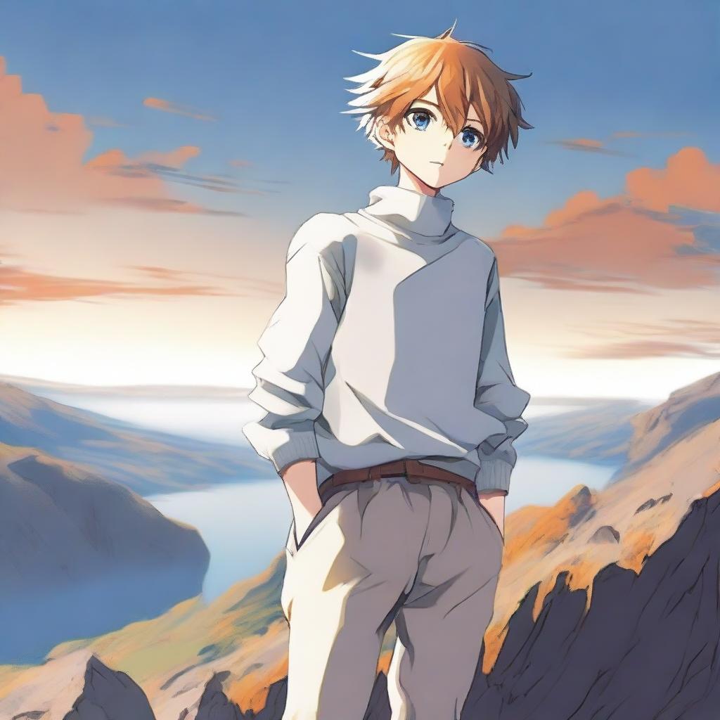 Create an image of a 17-year-old anime boy standing on a cliff, facing away from the viewer