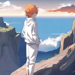 Create an image of a 17-year-old anime boy standing on a cliff, facing away from the viewer