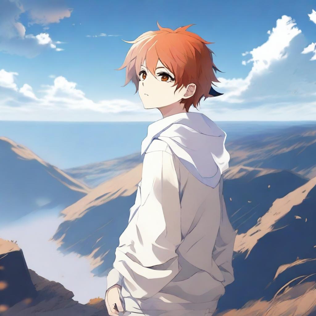 Create an image of a 17-year-old anime boy standing on a cliff, facing away from the viewer