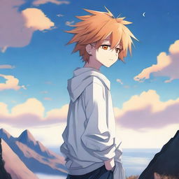 Create an image of a 17-year-old anime boy standing on a cliff, facing away from the viewer