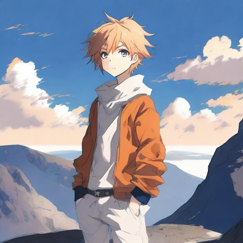 Create an image of a 17-year-old anime boy standing on a cliff, facing away from the viewer