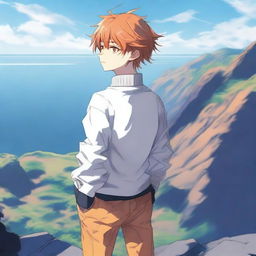 Create an image of a 17-year-old anime boy standing on a cliff, facing away from the viewer