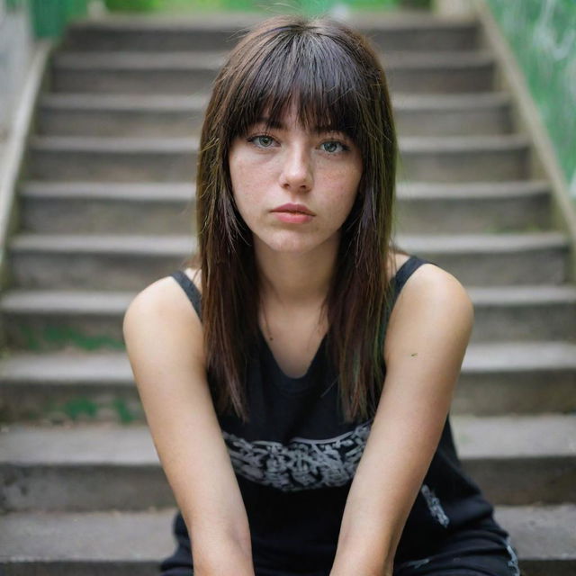 casual photograpy medium body, hip hop style, female , 23 year old with green eyes and black long hai with withe streaks in the bangs .,freckles, selfo, graffiti background stairs, medium distance shot, 4k hd,  --styerw--v 5.2 ar 2-3