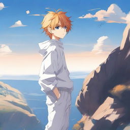 Create an image of a 17-year-old anime boy standing on a cliff, facing away from the viewer