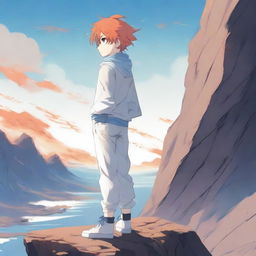 Create an image of a 17-year-old anime boy standing on a cliff, facing away from the viewer