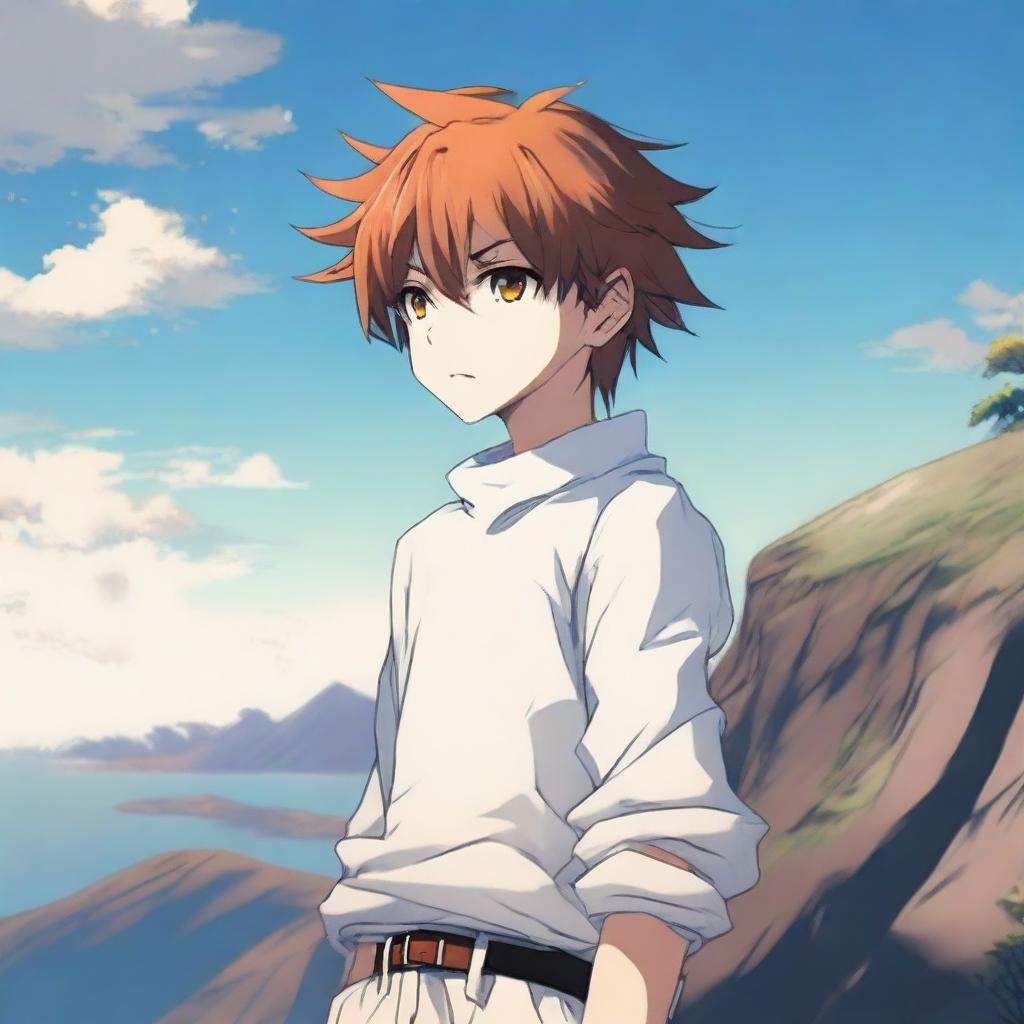 Create an image of a 17-year-old anime boy standing on a cliff, facing away from the viewer