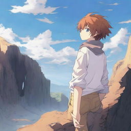 Create an image of a 17-year-old anime boy standing on a cliff, facing away from the viewer