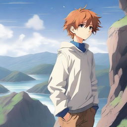 Create an image of a 17-year-old anime boy standing on a cliff, facing away from the viewer