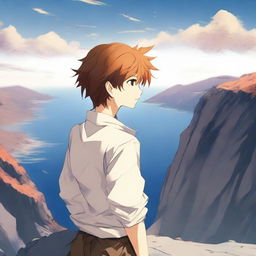 Create an image of a 17-year-old anime boy standing on a cliff, facing away from the viewer