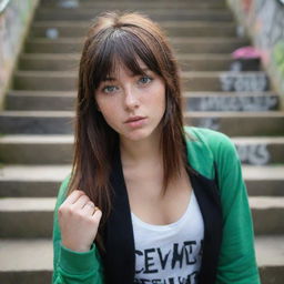 casual photograpy medium body, hip hop style, female , 23 year old with green eyes and black long hai with withe streaks in the bangs .,freckles, selfo, graffiti background stairs, medium distance shot, 4k hd,  --styerw--v 5.2 ar 2-3