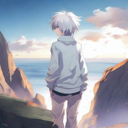 Create an image of a 17-year-old anime boy standing on a cliff, facing away from the viewer