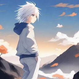 Create an image of a 17-year-old anime boy standing on a cliff, facing away from the viewer