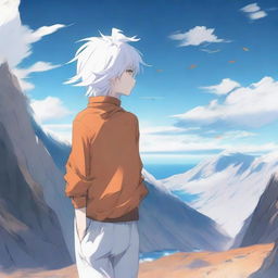 Create an image of a 17-year-old anime boy standing on a cliff, facing away from the viewer