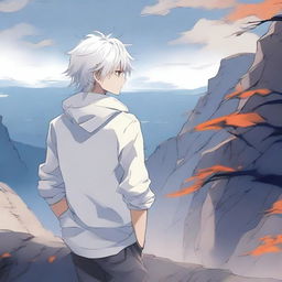 Create an image of a 17-year-old anime boy standing on a cliff, facing away from the viewer