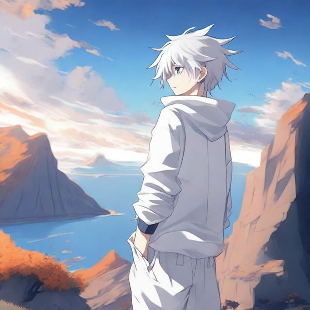 Create an image of a 17-year-old anime boy standing on a cliff, facing away from the viewer