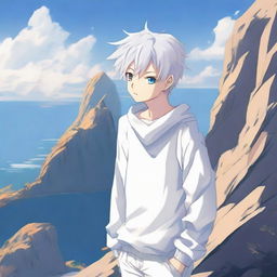 Create an image of a 17-year-old anime boy standing on a cliff, facing away from the viewer