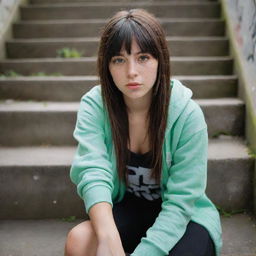 casual photograpy medium body, hip hop style, female , 23 year old with green eyes and black long hai with withe streaks in the bangs .,freckles, selfo, graffiti background stairs, medium distance shot, 4k hd,  --styerw--v 5.2 ar 2-3