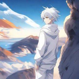 Create an image of a 17-year-old anime boy standing on a cliff, facing away from the viewer