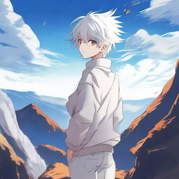 Create an image of a 17-year-old anime boy standing on a cliff, facing away from the viewer