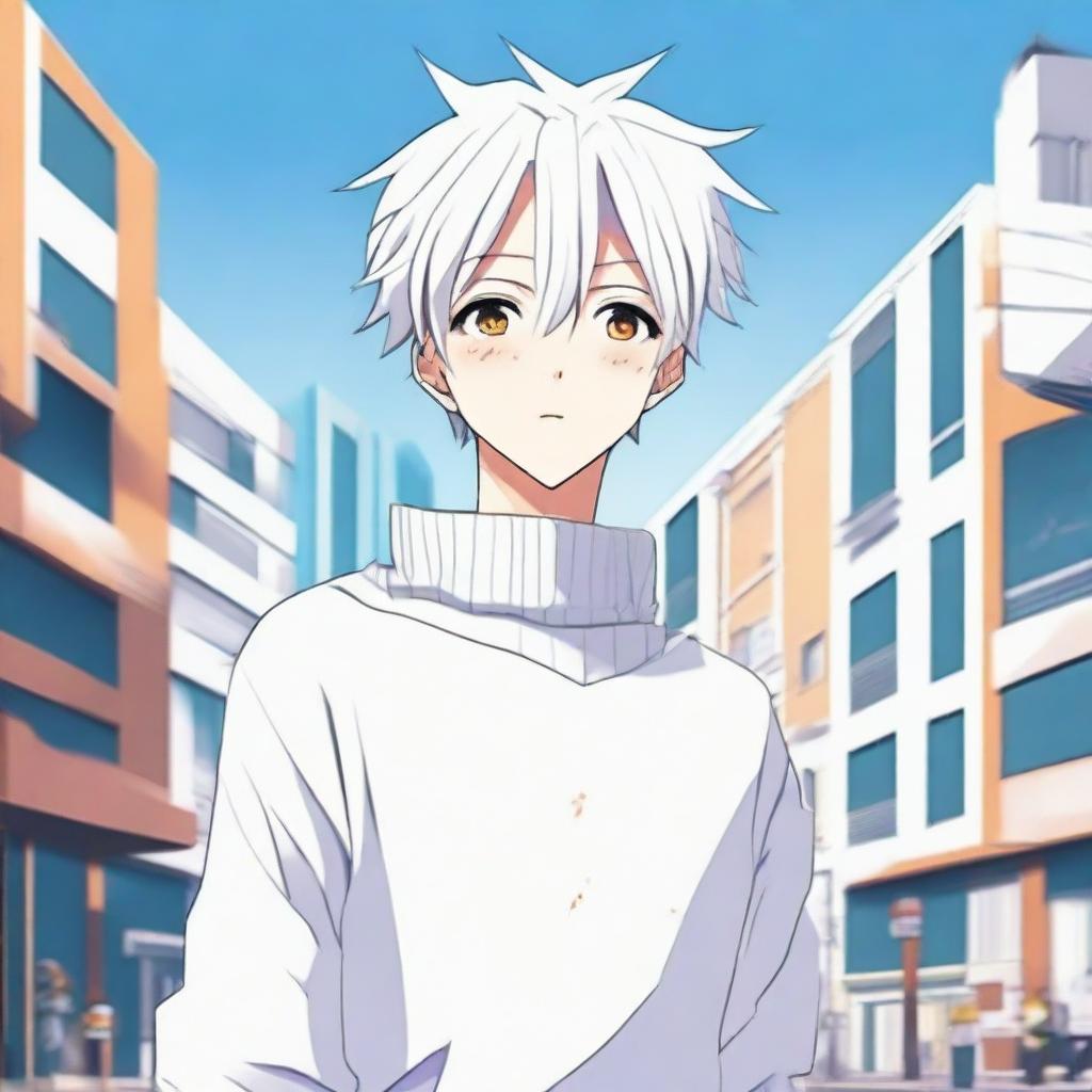 Create an image of a 17-year-old anime boy standing in the middle of a city